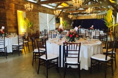 Inside with chandeliers and plants